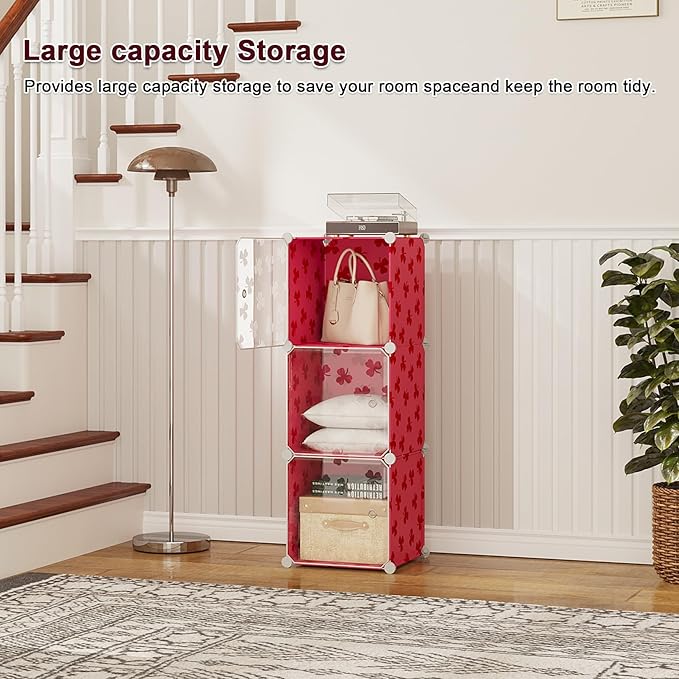 C&AHOME Cube Storage Organizer with Doors, 3-Cube Shelves, DIY Plastic Modular Bookshelf, Closet Clothes Storage Shelving Ideal for Bedroom, Living Room, Clover Embossed, Red