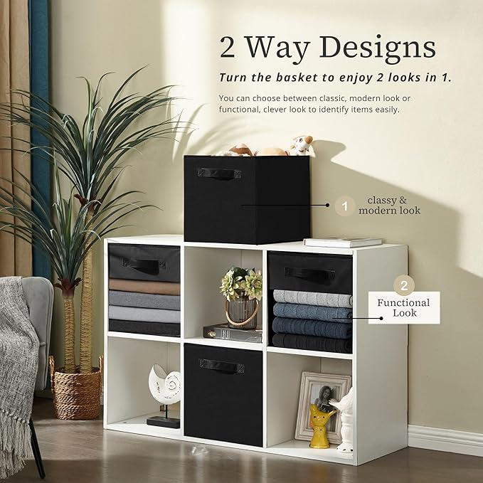 DECOMOMO Storage Bins, Cube Storage Bin with Window | 13" Cube, 6 Pack, Fabric Storage Cubes for Shelves (Black)