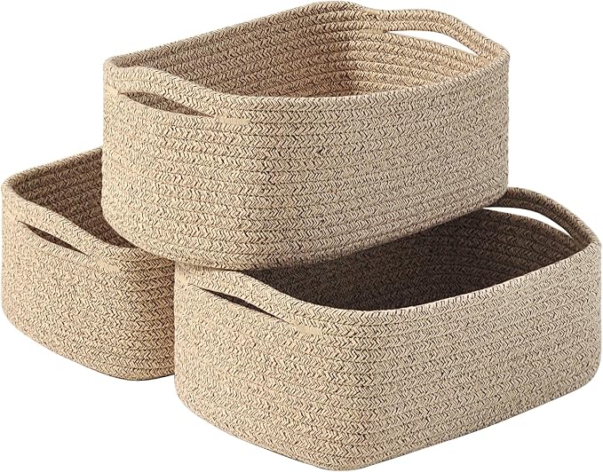 ICERZCZ Small Baskets for Organizing, Woven Storage Baskets for Shelves, Small Rope Basket for Storage, Decorative Little Baskets for Gifts Empty, 13"×8.5"×5.1" (3 Packs) Brown