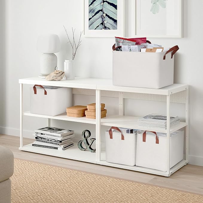 KEEGH Storage Baskets for Organizing Cube Storage 15 in, 4 Pack, White | Fabric Material, With Leather Handle, Closet Organization, Storage Bins for Living, Bedroom, Study