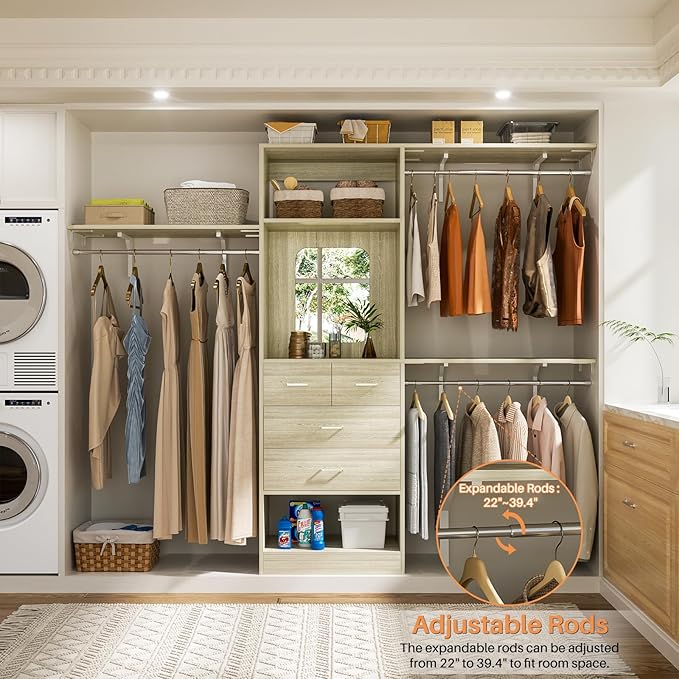 Unikito 8FT Closet System with 4 Drawers, 96" Wood Closet Organizer with Mirror and Hanging Rods, Sturdy Walk in Wardrobe Closet Insert with Tower, 96" W x 16" D x 80" H (Can Be Cut To Fit), White Oak