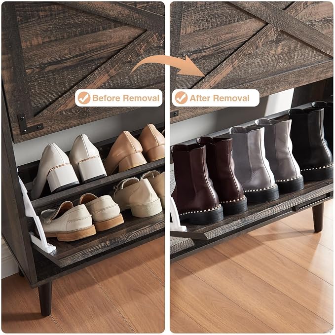 Barnyatoh Shoe Storage Cabinet,Farmhouse Shoe Organizer with 2 Flip Drawers & Barn Door Design,Freestanding Hidden Slim Narrow Shoe Rack Cabinet for Entryway,Foyer,Hallway,Dark Oak