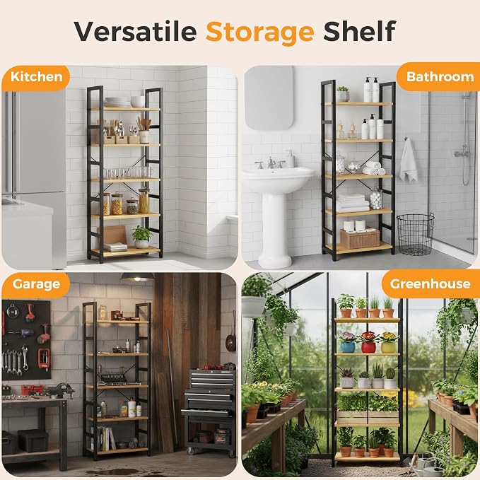 DUMOS 5-Tier Bookshelf, Modern Tall Bookcase Book Shelf | Open Storage Display Shelf for Living Room, Bedroom, Home Office, Narrow Standing Shelving Unit for Books, CDs, Décor Wood