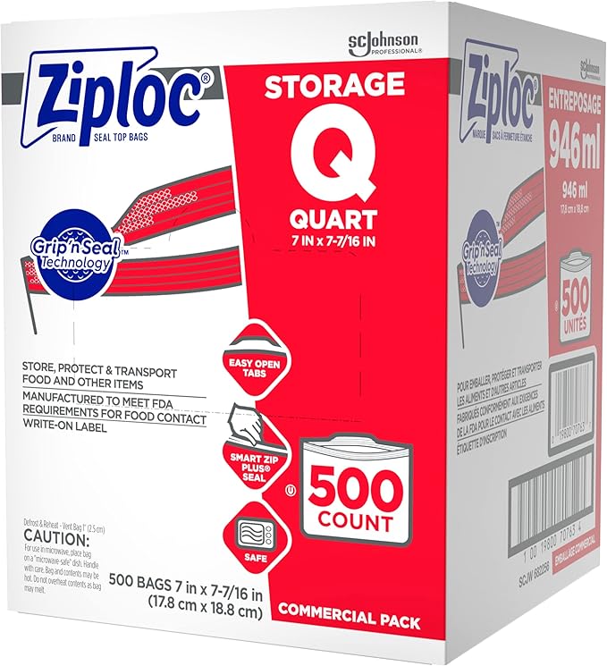 SC Johnson Professional, Ziploc Storage Bags, For Food Organization and Storage, Double Zipper Seal, Easy-Open Tabs Quart, 500 Count
