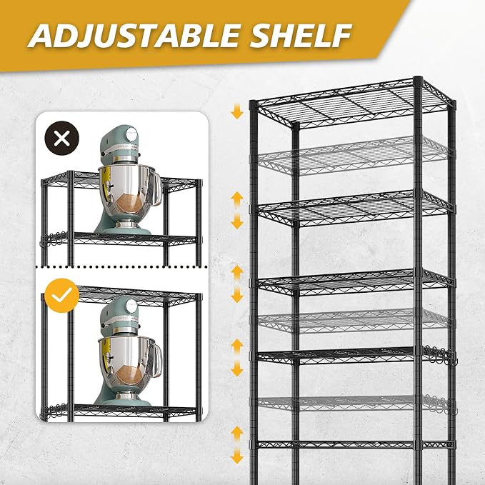 Karl home Segmentable 8-Tier Storage Shelving, Adjustable Metal Shelves Wire Storage Rack for Garage Kitchen Basement,1600LBS Capacity 78.74" H X 23.62" W X 13.78" D,Stainless S Hooks,Black