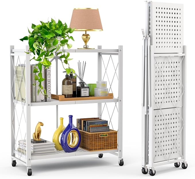 Our Modern Space 3-Tier Foldable Storage Shelf with Wheels | Metal Rack Collapsible Shelving Display | Rolling Cart for Books Kitchen Storage Shelves | Pantry & Closet Organizer | Office Room Decor