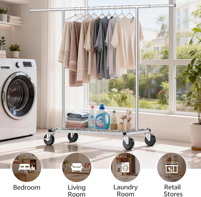 Heavy Duty Clothes Rack for Bedroom - Load 420 LBS - Rolling Clothing Rack for Hanging Clothes with Lockable Wheels & Shelves - Extendable Garment Rack for Closet Laundry - Silver