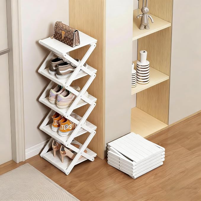 Bamboo Shoe Rack - No Assembly Required, Tall Narrow Foldable Shoe Organizer, Space-Saving Multifunctional Shelf for Entryways, Corners, Bedrooms, Balconies, 6 Layer White (Reinforced And Thickened )