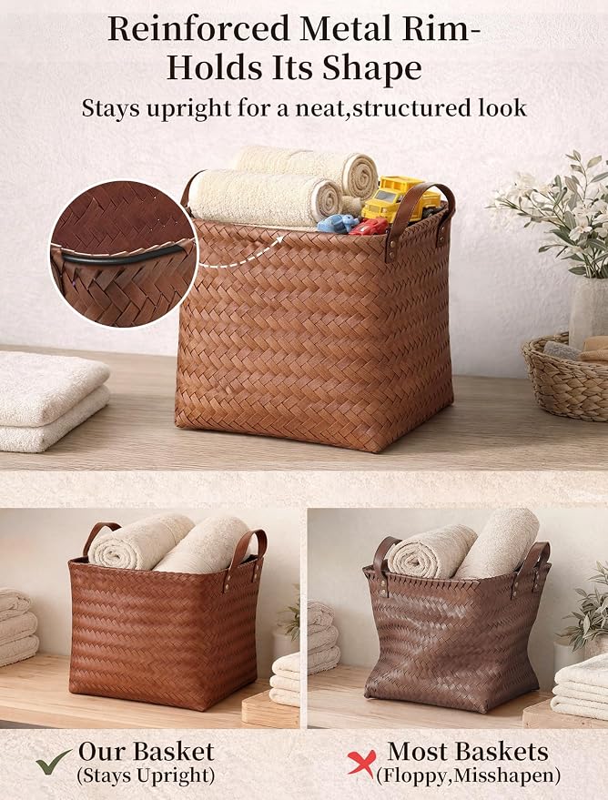 Hand Woven Baskets for Storage, 4Pcs Water-Resistant Wicker Baskets, Brown Wicker Storage Baskets for Shelves, Large Basket with Handle for Organizing, Clothes, Laundry, Blanket - Square