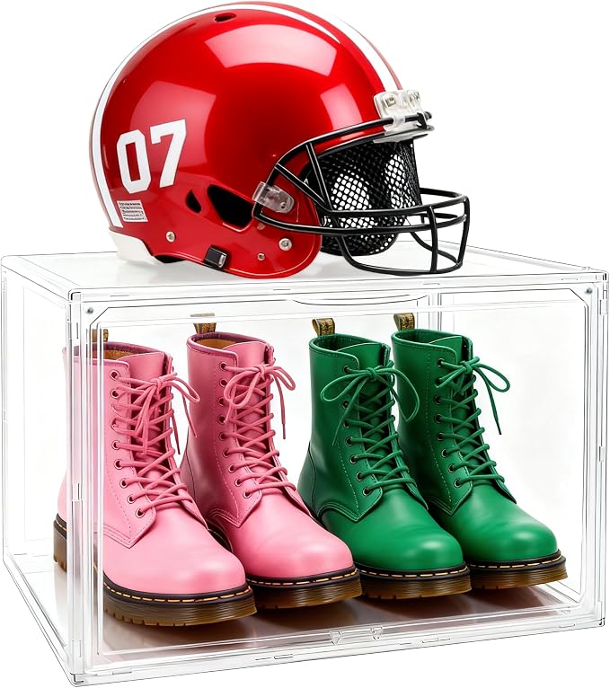 Extra XXX-Large Acrylic Display Case 17.3''x13''x13'' Super Large Figures Collectibles Helmet Showcase Tall Boot Shoe Boxes Clear Stackable Huge Storage Box with Magnetic Lid, 1 Pack with 2 Shoe Bags