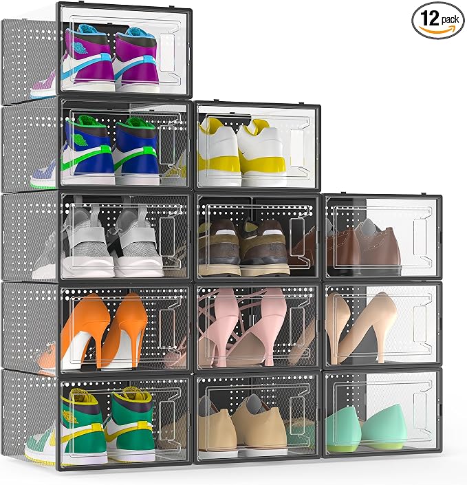 Snaxo 12 Pack XX-Large Clear Shoe Storage Boxes, Stackable Modular Plastic Shoe Organizer Front-Opening Door, Ventilated Dust-Proof Sneaker Display Case Closet, Entryway, Black