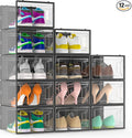 Snaxo 12 Pack XX-Large Clear Shoe Storage Boxes, Stackable Modular Plastic Shoe Organizer Front-Opening Door, Ventilated Dust-Proof Sneaker Display Case Closet, Entryway, Black