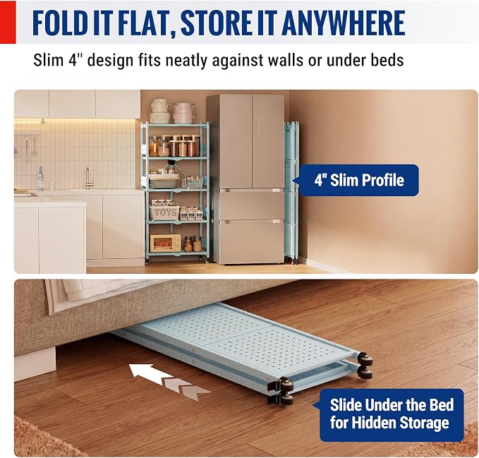 WORKPRO 5-Tier Folding Shelf, No-Assembly Metal Storage Rack with Wheels, 750 lbs Capacity (with Leveling Feet), Collapsible Shelving Unit for Kitchen, Pantry, Closet & Craft Shows - Blue