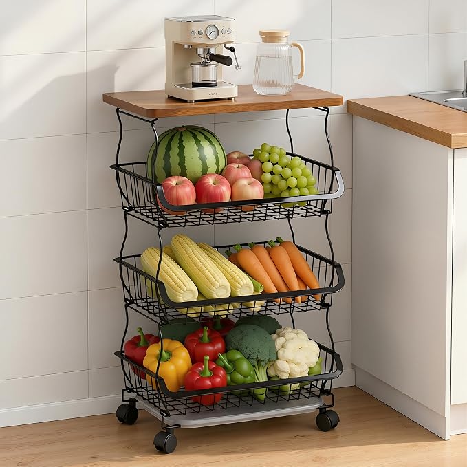 VECELO 4-Tier Fruit Basket with Wheels, Fruit and Vegetable Storage Cart for Kithchen, Stackable Produce Organizer Wire Baskets for Kitchen, Pantry, Living Room