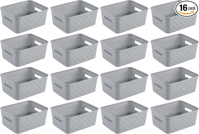 Sterilite 16 Pack Plastic Storage Bin Organization Containers, Short Baskets, Cement