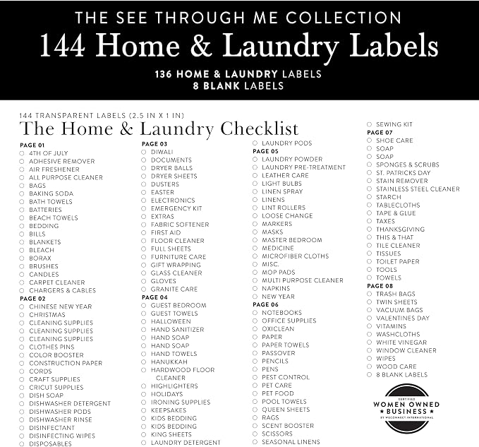 Laundry Labels for Jars, 144 Preprinted Home and Laundry Label Stickers for Storage Bins, Cleaning Jars, Spray Bottles, Linen Closet, Household Organization