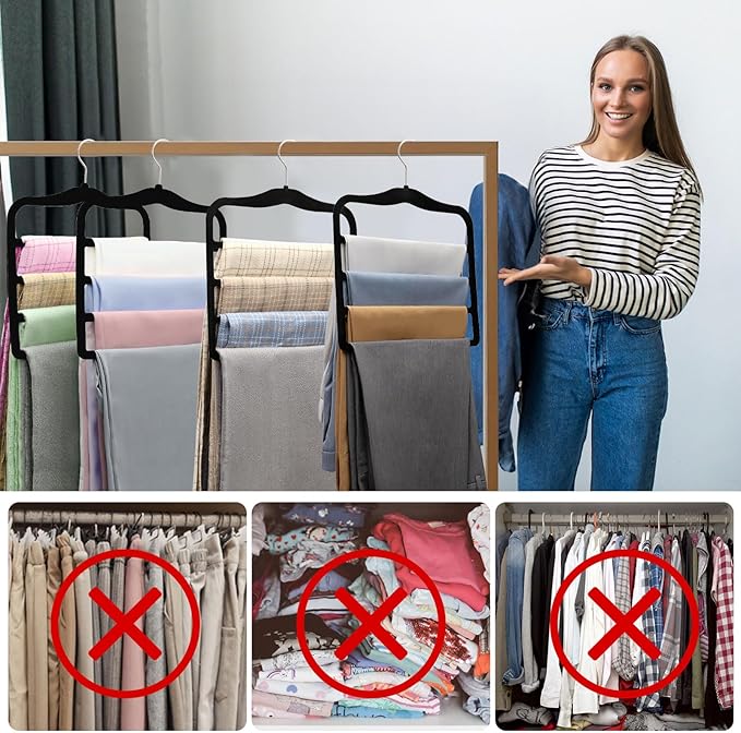 4 Pack Space Saving Velvet Pants Hangers, Dorm Room Essentials, Non-Slip Multi-Tier Closet Organizer for Jeans & Slacks, Maximize Wardrobe Storage with Multi-Purpose Rack for Shorts, Scarves & Ties