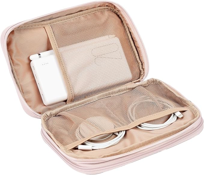 NISHEL Travel Cord Organizer Case, Double Layers Tech Electronic Bag, Essentials for Charger, Cable, Phone, Flash drive, Large, Pink