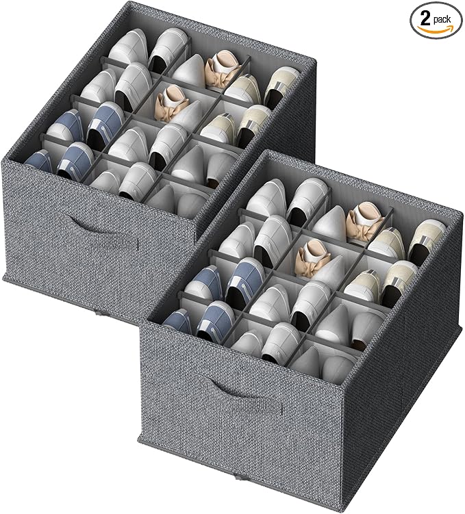 FHSQX 2 Pack Shoe Organizer for Closet,Foldable Shoe Organizer,Fits up to 24 Pairs,Storage Containers With Bottom Support for Shoes