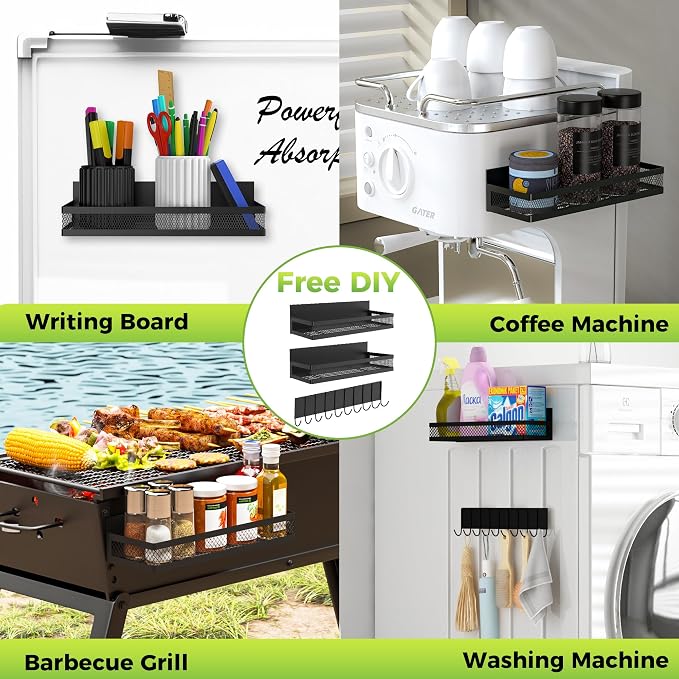 5 Pack Strong Magnetic Spice Rack for Refrigerator on Oven, Movable Kitchen Organizers and Storage for Spices Shelf, Wall Mounted Spice Rack Metal Fridge Shelf for Kitchen in Black