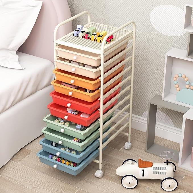LDAILY 10-Drawer Rolling Storage Cart, Rolling Storage Cart, Storage Organizer on Wheels, Metal Frame, Scrapbook Paper Tools, Suitable for Office School, Classroom (Macaron, 10 Drawer)
