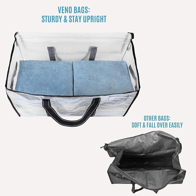 VENO 4 Pack Clear Moving Bags, 90L Extra Large Transparent Storage Totes, Heavy Duty 50lbs Load, Reinforced Handles, Zippers & Tag, See-Through Packing Boxes for Organizing Closet, Bedding, Clothes