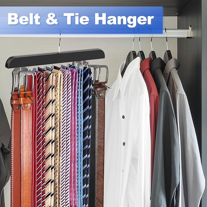 RESOVO Upgraded Tie Rack Hanger with 20 Foldable Metal Hooks, Space Saving Necktie Organizer for Men – Large Capacity Tie and Belt Wooden Hanger for Closet - Black 2 Pack