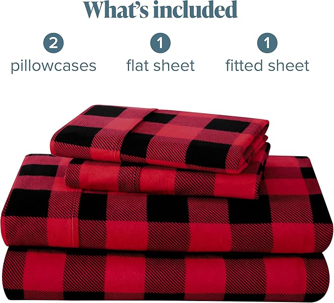 Bare Home King Sheet Set - Luxury 1800 Ultra-Soft Microfiber Double Brushed - Deep Pockets - 4 Piece Set - Bedding Sheets & Pillowcases (King, Buffalo Plaid - Red/Black)