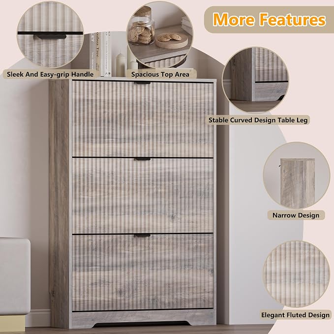 BORNOON Entryway Shoe Cabinet with 3 Flip Drawers, Narrow Shoe Organizer Cabinet with Fluted Panel and Adjustable Shelves for Foyer, Hallway