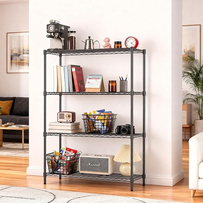 36" L×14" W×54" H Commercial Wire Shelving Unit Metal Shelf with 4 Tier Adjustable Layer Rack Strong Steel for Restaurant Garage Pantry Kitchen Garage，Black