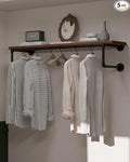 Clothes Rack 42in, Wall Mounted Garment Racks with Real Brown Wood Shelf, Heavy Duty Hanging Clothes Rack, Multi-Purpose Hanging Rod, Space-Saving Closet Storage