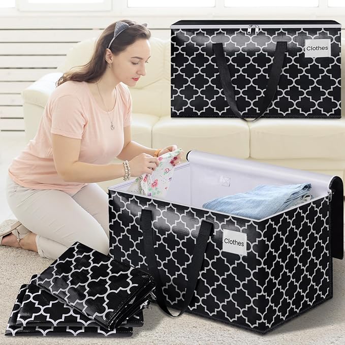 HomeHacks Heavy Duty Moving Bags with Tag Pockets, Collapsible Storage Totes for Moving, Camping & Travel -Foldable Packing Boxes, Zipper Handles, Black（8 Packs, 88L）