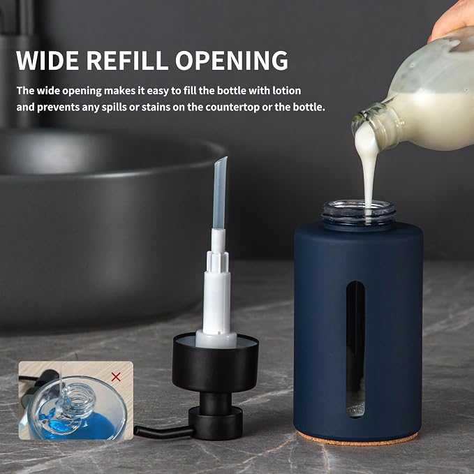 Glass Hand Soap Dispenser,12oz Navy Blue Liquid Bathroom Soap Dispenser with Stainless Steel Lotion Pump for Bathroom Kitchen (Blue)