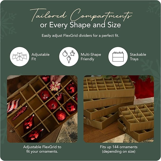 Covermates Keepsakes Adjustable Ornament Storage Bag – Heavy-Duty Polyester, Padded Dividers & FlexGrid Trays – Protective Holiday Ornament Organizer with Handles & Label Window, Green