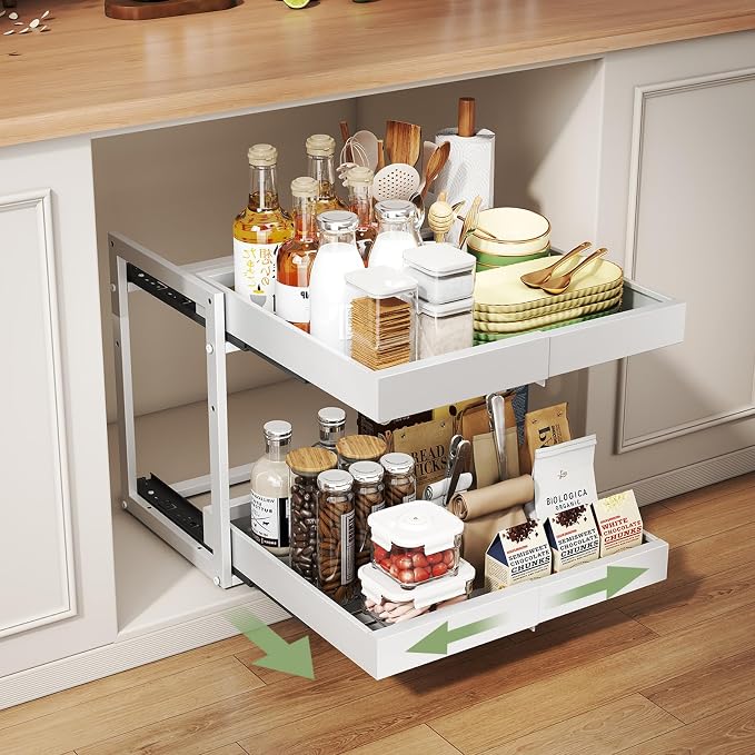 Abalter Expandable Pull Out Cabinet Organizer(12-18.5" W x 21" D), 2-Tier Slide Out Drawer for Kitchen Cabinets, Slide Out Shelves for Kitchen Countertop, Bathroom, Pantry, Heavy Duty Caddy(White)