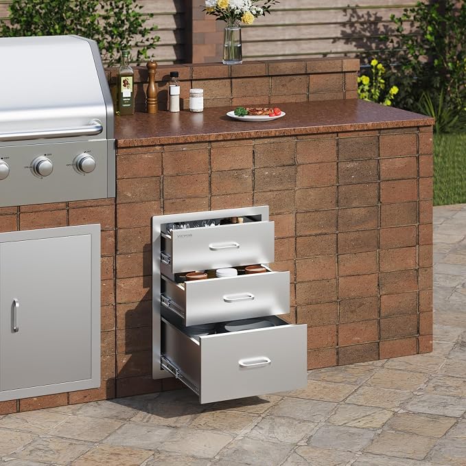 VEVOR 18x23 Inch Outdoor Kitchen Cabinets 18W x 20.5H x 23D Inch, BBQ Drawers Stainless Steel, Outdoor Kitchen Drawers Triple Access with Chrome Handle, BBQ Island Drawers, Grill Drawers Storage | Stainless Steel Outdoor Kitchen Drawers Triple Access w...