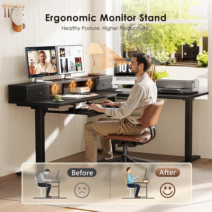 OffiGo 59 Inch L Shaped Electric Standing Desk with Drawers, Black | Monitor Stand, Keyboard Tray, Fabric Drawer, Power Outlets, Height Adjustable Corner Stand Up Desk for Organized Home Office