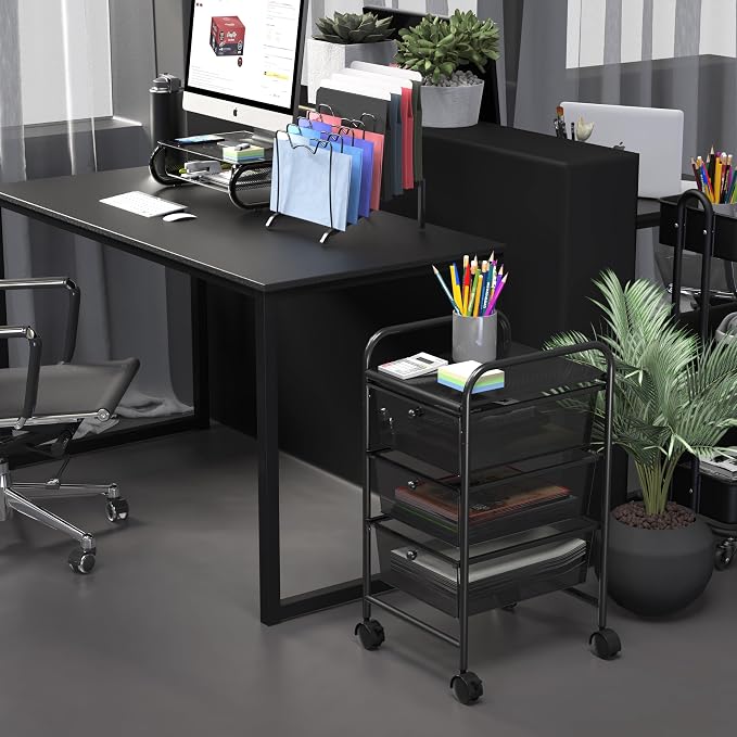 Simple Houseware 3 Drawers Rolling Utility Cart Art Craft Organizer, Black | 1-Column, 25.4" Height, Lockable Wheels, for School, Office, Art Craft, and Paper Storage