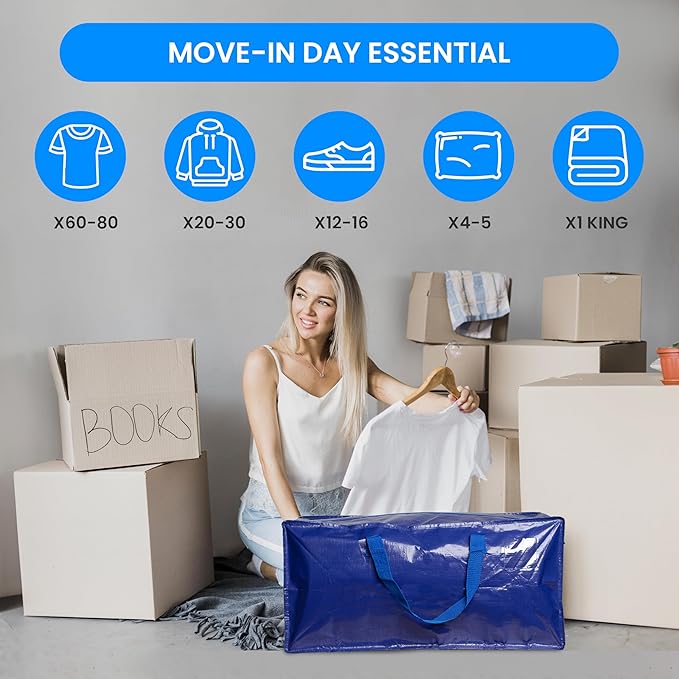 Simple Deluxe 12 Pack Extra Large Moving Bags with Backpack Straps, Strong Handles/Zippers, Heavy Duty Storage Tote for Moving Travel Camping Space Saving, Blue