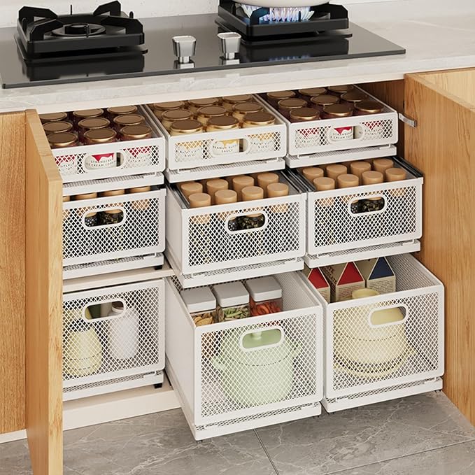 Pull Out Cabinet Organizer, Slide Out Drawers Fixed with Adhesive Nano Film, Pantry Shelves Sliding Drawer Storage Organization for Kitchen (Double Layer 15.7 * 9.4 * 16.6inch/40 * 24 * 42.4cm)