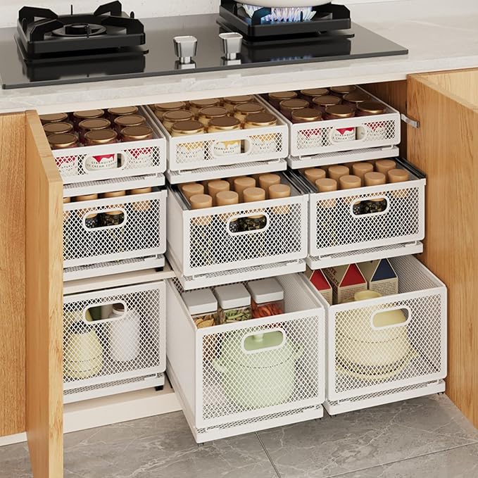 Pull Out Cabinet Organizer, Slide Out Drawers Fixed with Adhesive Nano Film, Pantry Shelves Sliding Drawer Storage Organization for Kitchen/Bathroom/Bedroom (11.8*9.4*3.9inch/30*24*10cm)