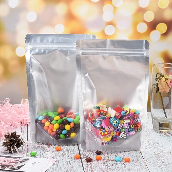 LZLPACKING 100 Pieces smell proof mylar bags,resealable packaging pouch bag with clear window for food storage,stand up pouch bags,lipgloss,eyelash jewelry electronics storage(6×9 Inch)