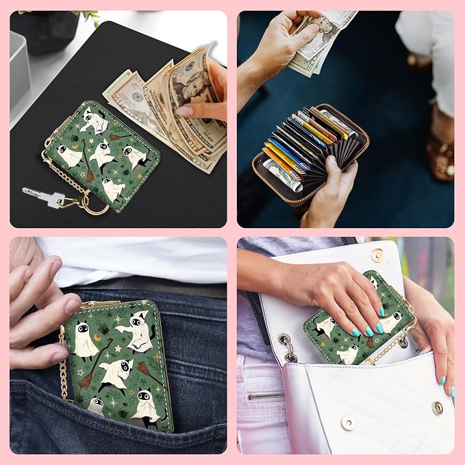 Blusabaca RFID Credit Card Holder Small Women Travel Wallet, Halloween | Removable Keychain, Case with Zipper, Vegan PU Leather, Cash Coin Pocket, Business Accordion Purse, Ladies Female Gift