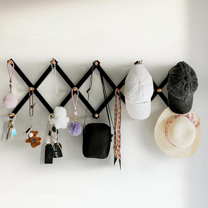SKOLOO Hat Rack for Wall with 14 Hooks, Solid Wooden, Modern, Expandable Coat Rack Wall Mount for Coats, Hats, Bags, Baseball Caps, Natural on Black