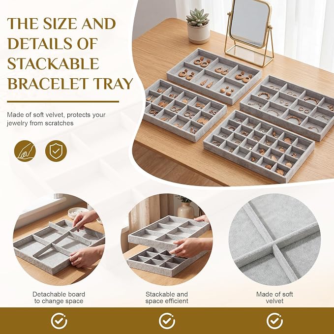 Unittype Set of 4 Stackable Jewelry Organizer Tray for Drawer Inserts Velvet Necklace Earring Bracelet Ring Holder Jewelry Display Storage Box for Bangle Stud Necklace Ring(6/12/15/24 Grid,Gray)