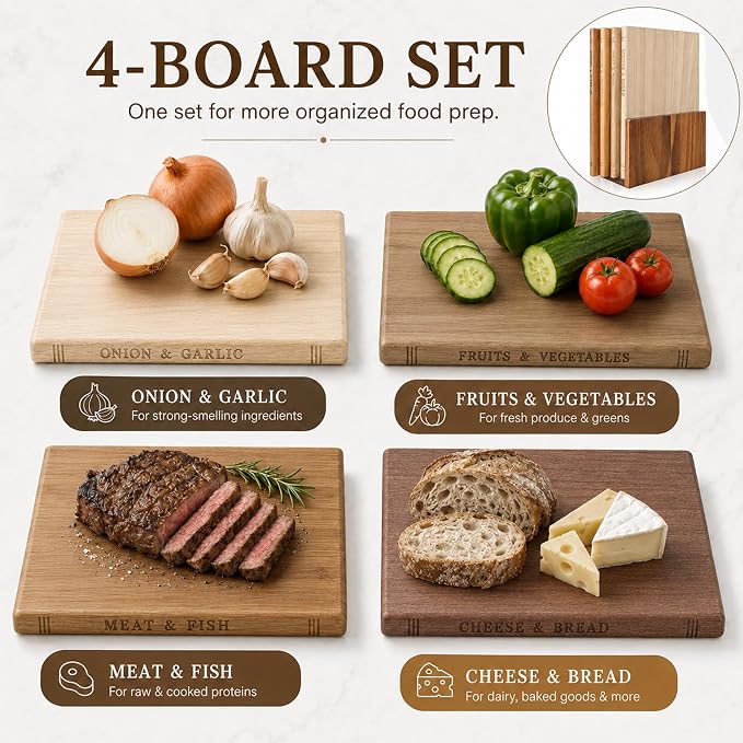 4 Pcs Book Cutting Board Set with Storage Holder, Book Shaped Wooden Chopping Boards for Meat Vegetables Fruits Cheese Bread, Decorative Kitchen Counter Organizer and Serving Board Set