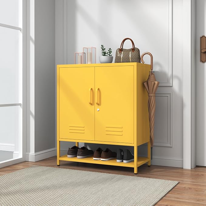 Yellow Lockable Metal Shoe Cabinet, Freestanding Accent Storage Cabinet with Adjustable Shelves, Multipurpose Storage Rack for Hallway Entryway Living Room 33" H X 29.5" W X 13.8" D