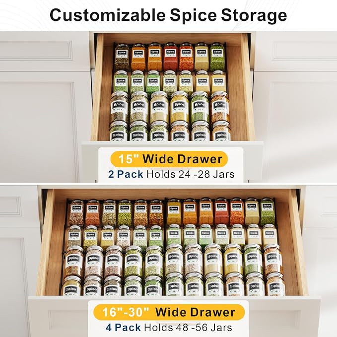 iSPECLE 4 Pack Spice Drawer Organizer - Low Profile Rack for Jars, Black | Step Tiered for Label Reading Access, No Slip No Rattle Oil-Resistant Carbon Steel, Spice Sorting and Daily Cooking Use