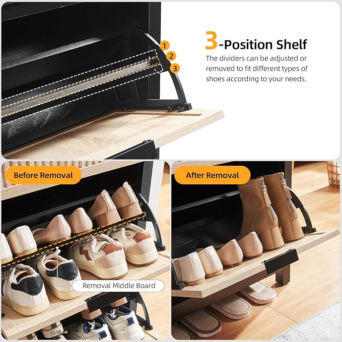 2 Flip Drawers Shoe Cabinet Storage for Entryway, Narrow Shoes Organizer Cabinet for Front Door Entrance, Hidden Wooden Hallway Shoe Rack(Oak&Black)