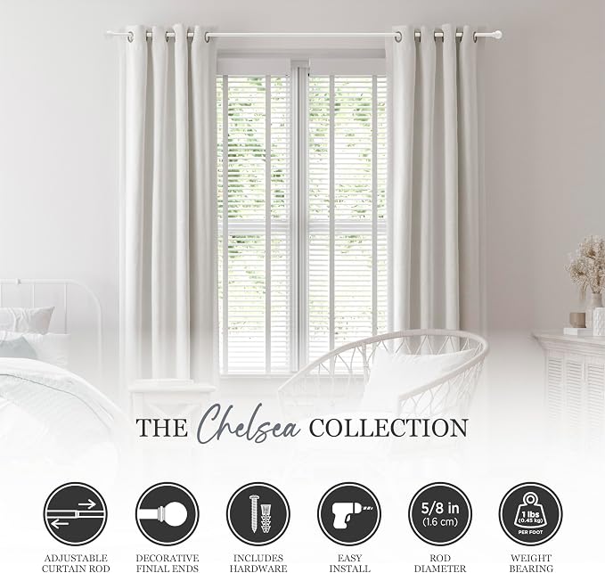 Kenney Chelsea Ball End Window Curtain Rod, Adjustable Curtain Rod for Windows 28 to 48 Inches, Extendable Curtain Rod Set, White Curtain Rod, Curtain Rods 4 Pack